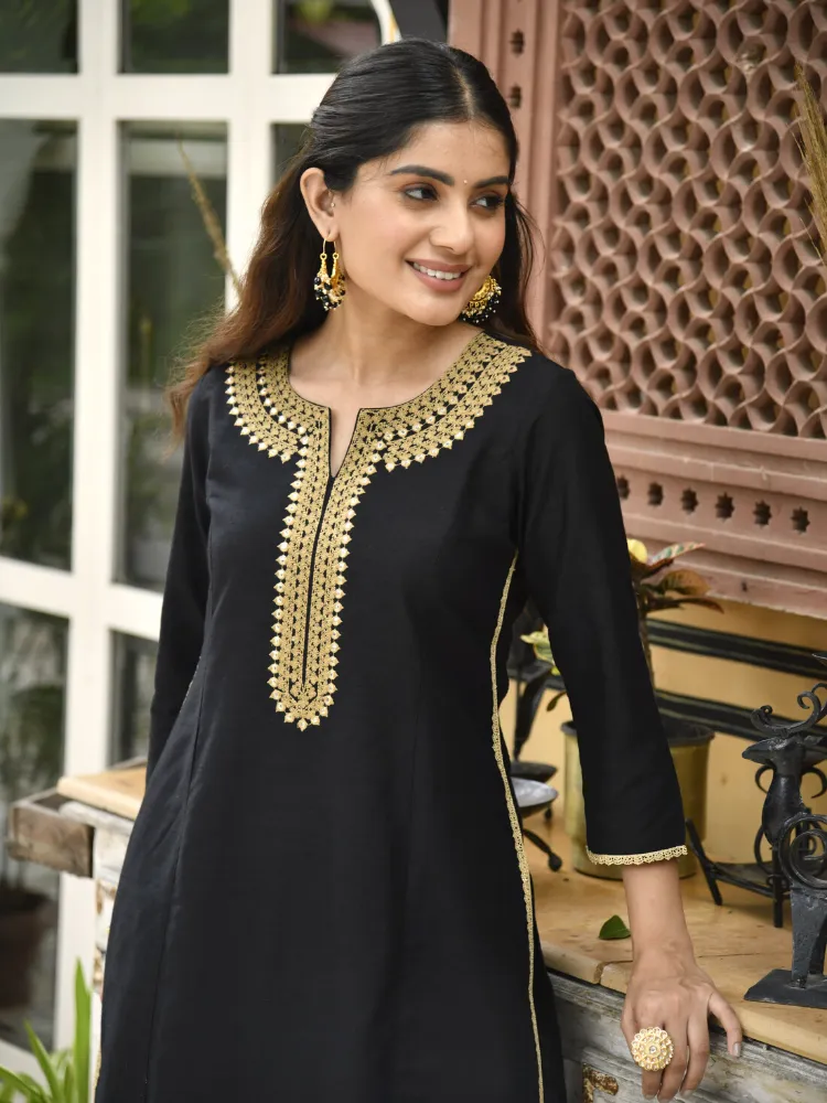 Black Art Silk Kurta with Embroidery & Lace Details