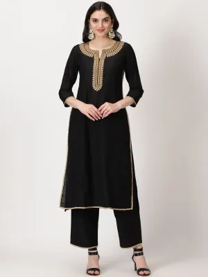Black Art Silk Kurta with Embroidery & Lace Details