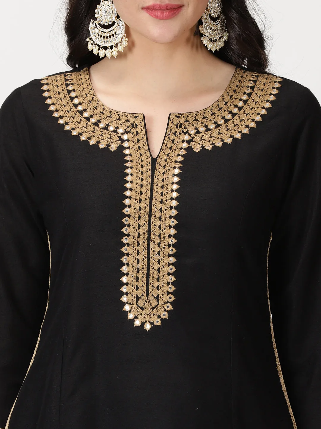 Black Art Silk Kurta with Embroidery & Lace Details