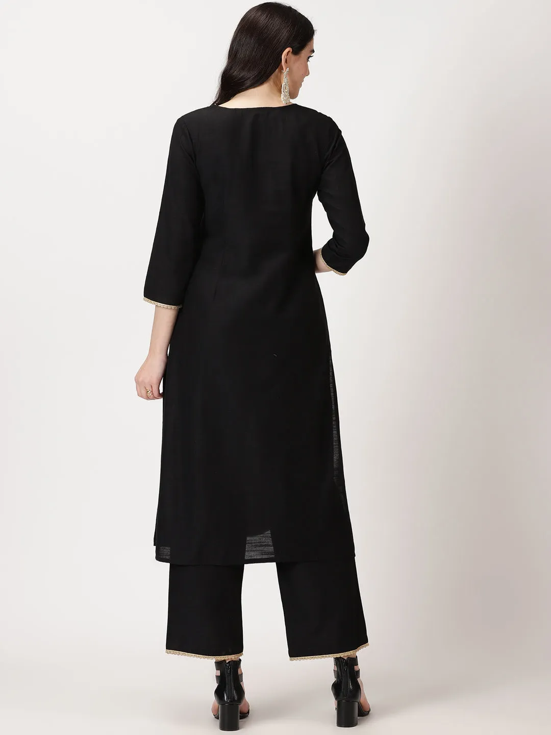 Black Art Silk Kurta with Embroidery & Lace Details