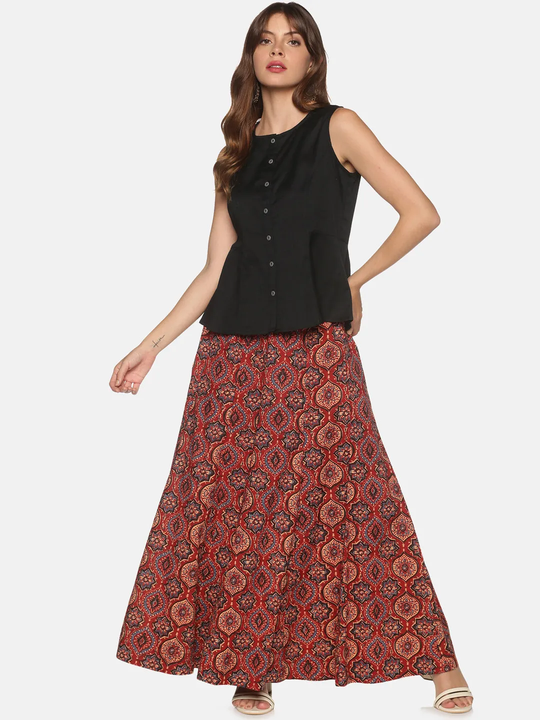 Black Cotton Flax Panelled A-Line Top with Button-Down Placket