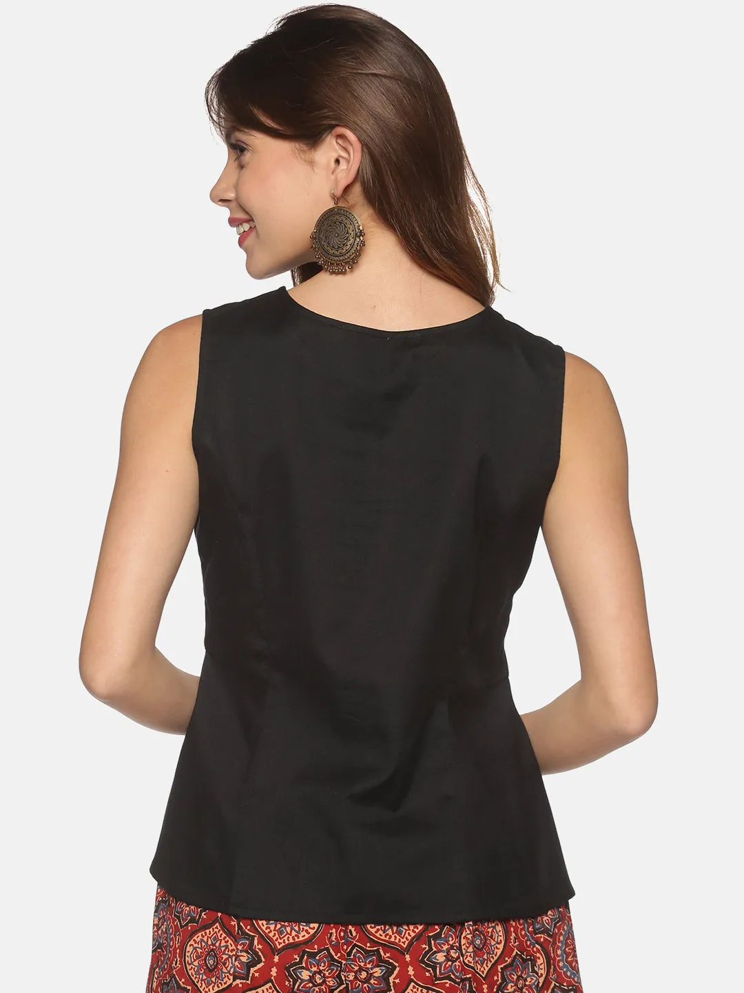 Black Cotton Flax Panelled A-Line Top with Button-Down Placket