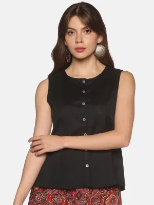 Black Cotton Flax Panelled A-Line Top with Button-Down Placket