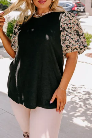 Black Daisy Printed Bubble Sleeve Plus Size Tunic Top
