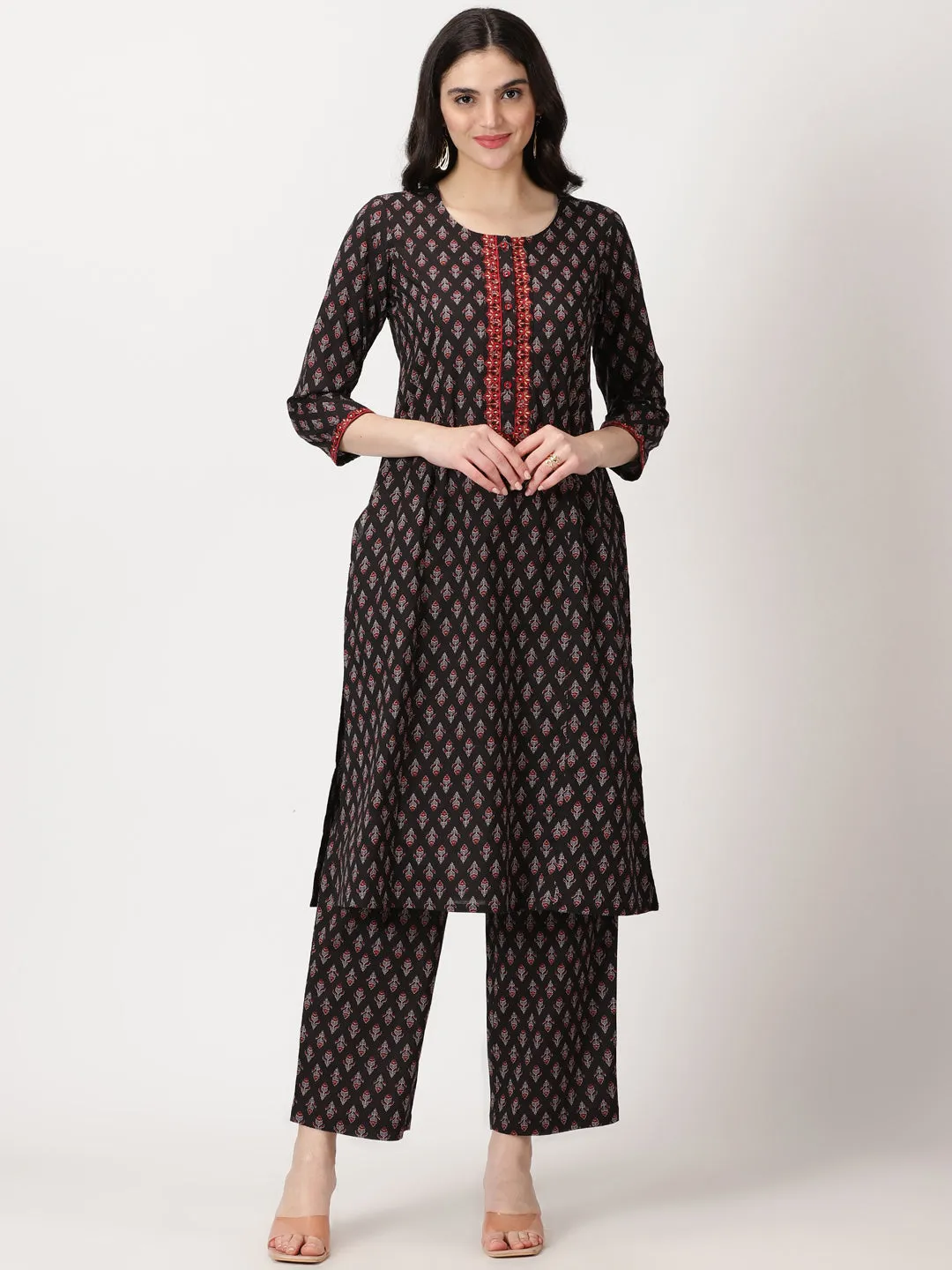 Black Ethnic Motifs Print Cotton Kurta Set