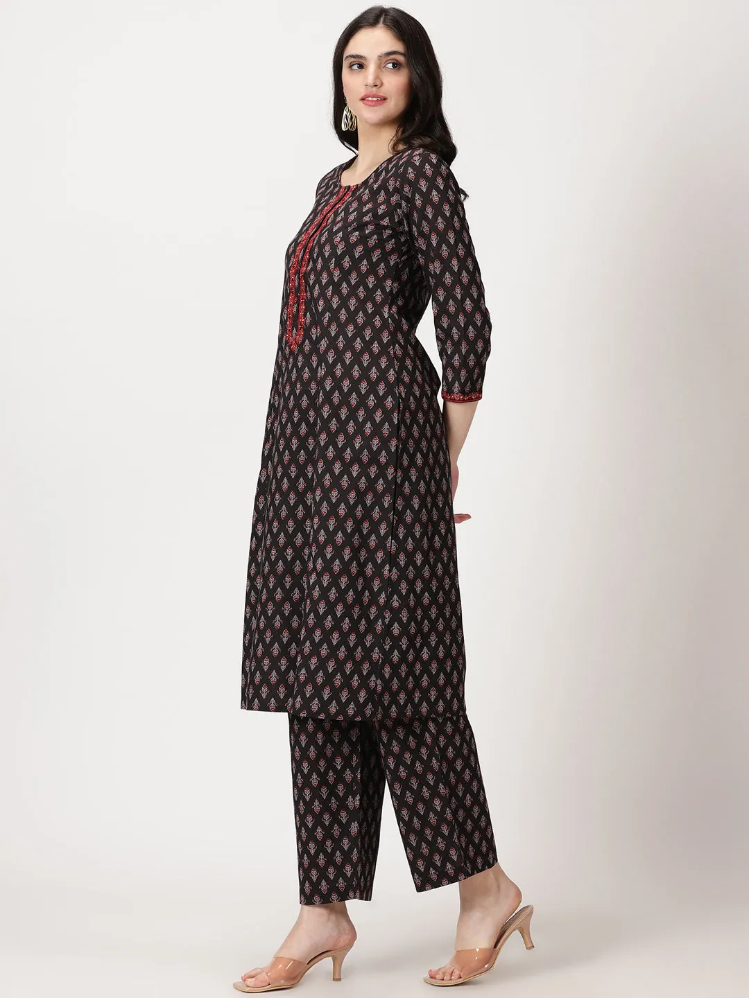Black Ethnic Motifs Print Cotton Kurta Set