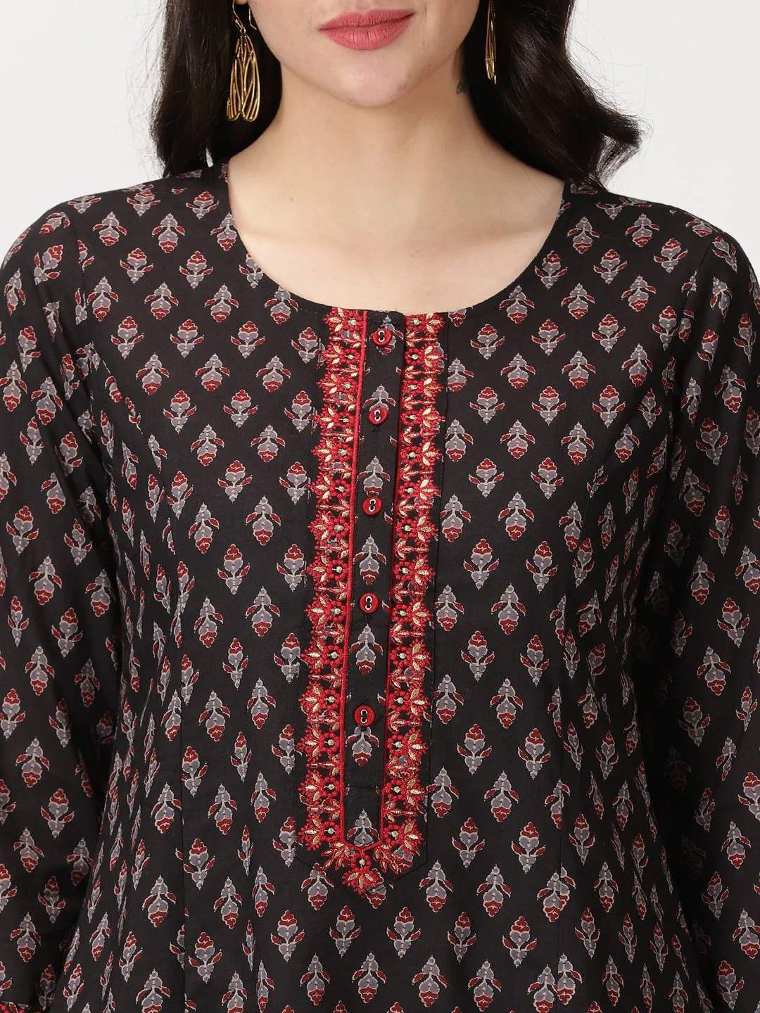 Black Ethnic Motifs Print Cotton Kurta Set