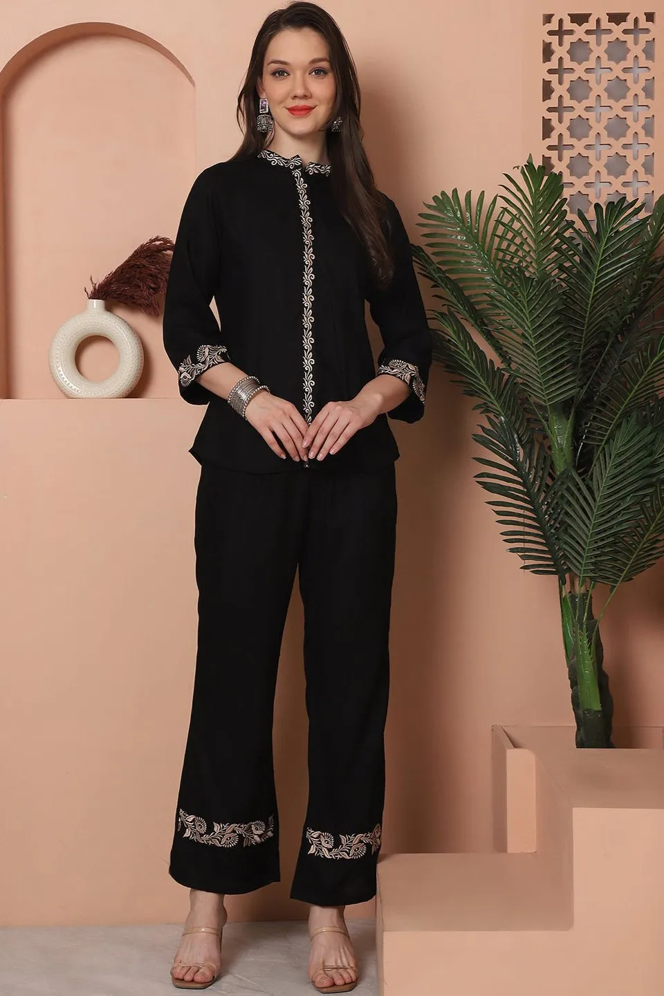 Black Floral Embroidered Viscose Rayon Co-Ord Set for Women | S-3XL | Claura