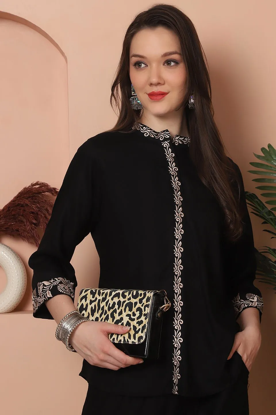 Black Floral Embroidered Viscose Rayon Co-Ord Set for Women | S-3XL | Claura