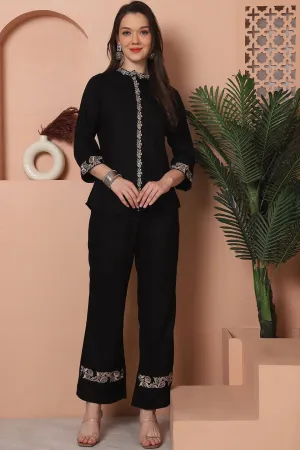 Black Floral Embroidered Viscose Rayon Co-Ord Set for Women | S-3XL | Claura