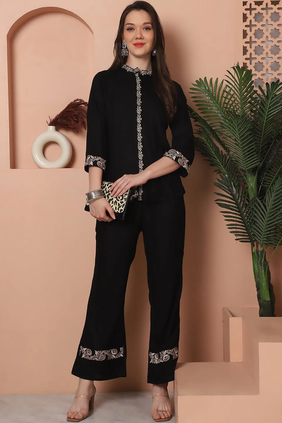 Black Floral Embroidered Viscose Rayon Co-Ord Set for Women | S-3XL | Claura