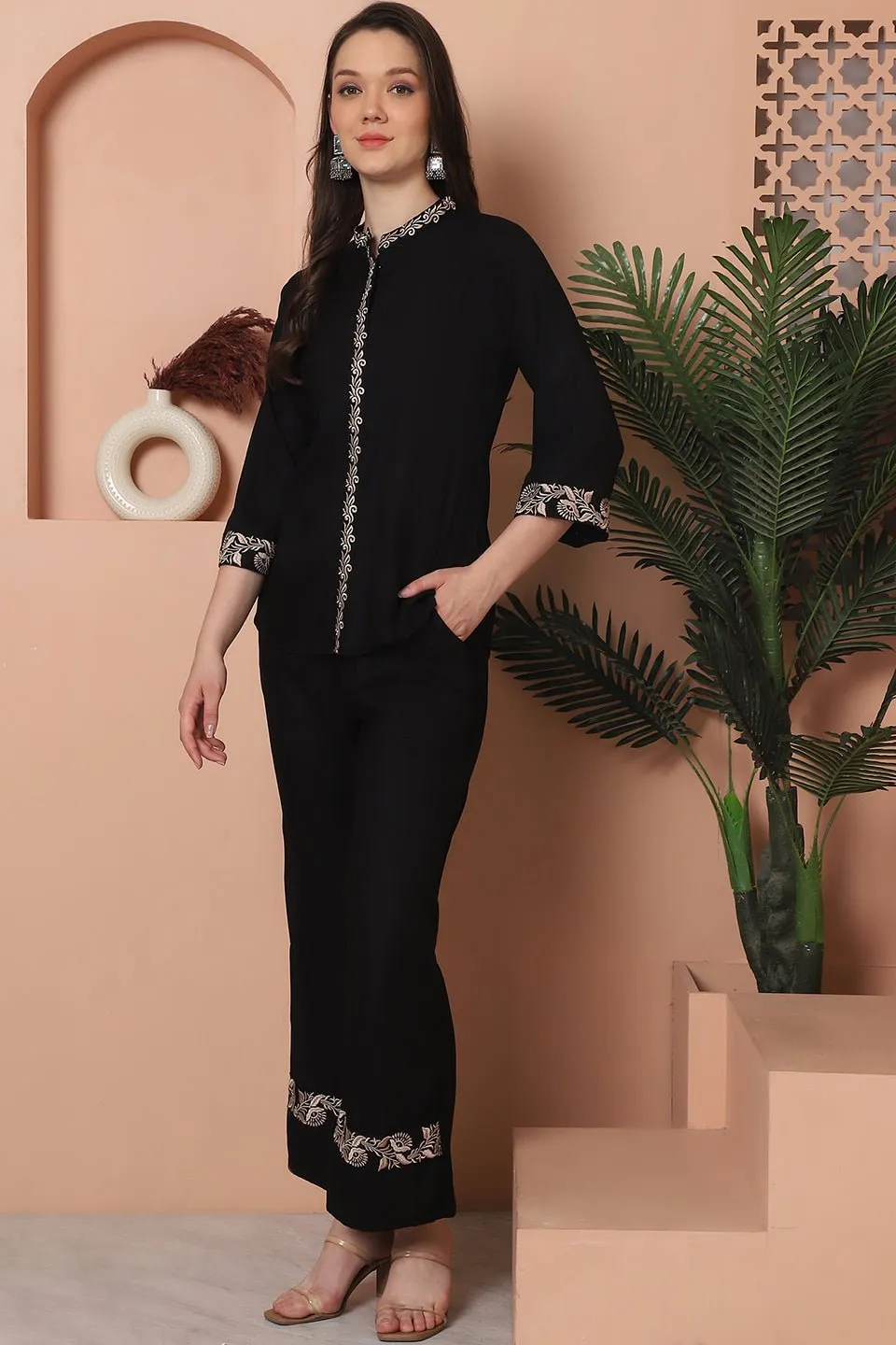 Black Floral Embroidered Viscose Rayon Co-Ord Set for Women | S-3XL | Claura