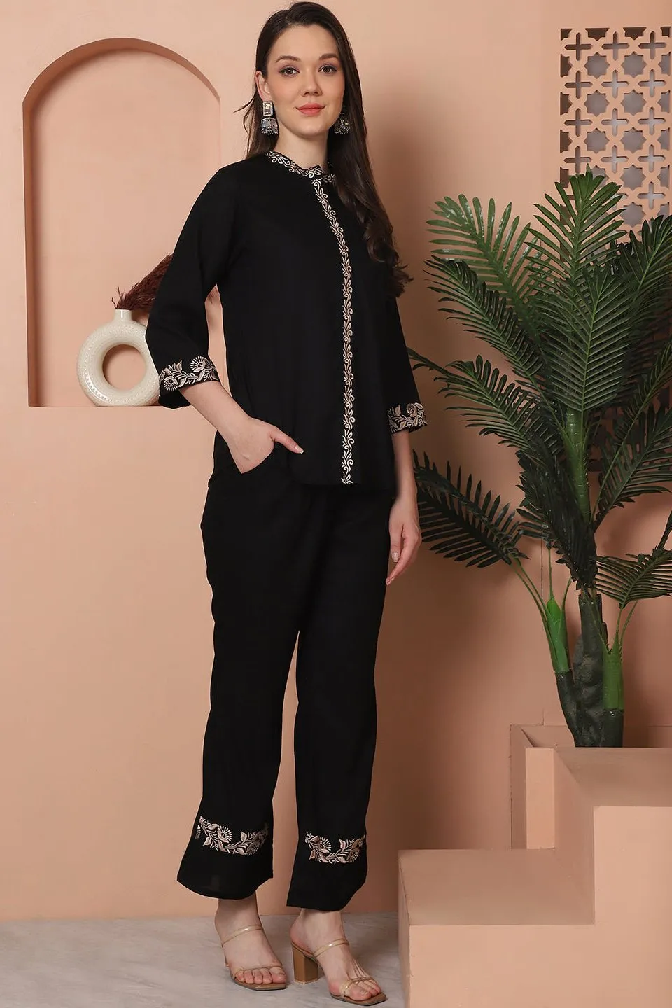 Black Floral Embroidered Viscose Rayon Co-Ord Set for Women | S-3XL | Claura
