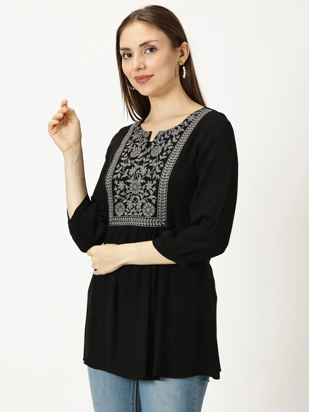 Black Floral Print Cotton Tunic with Lucknowi Chikankari Yoke