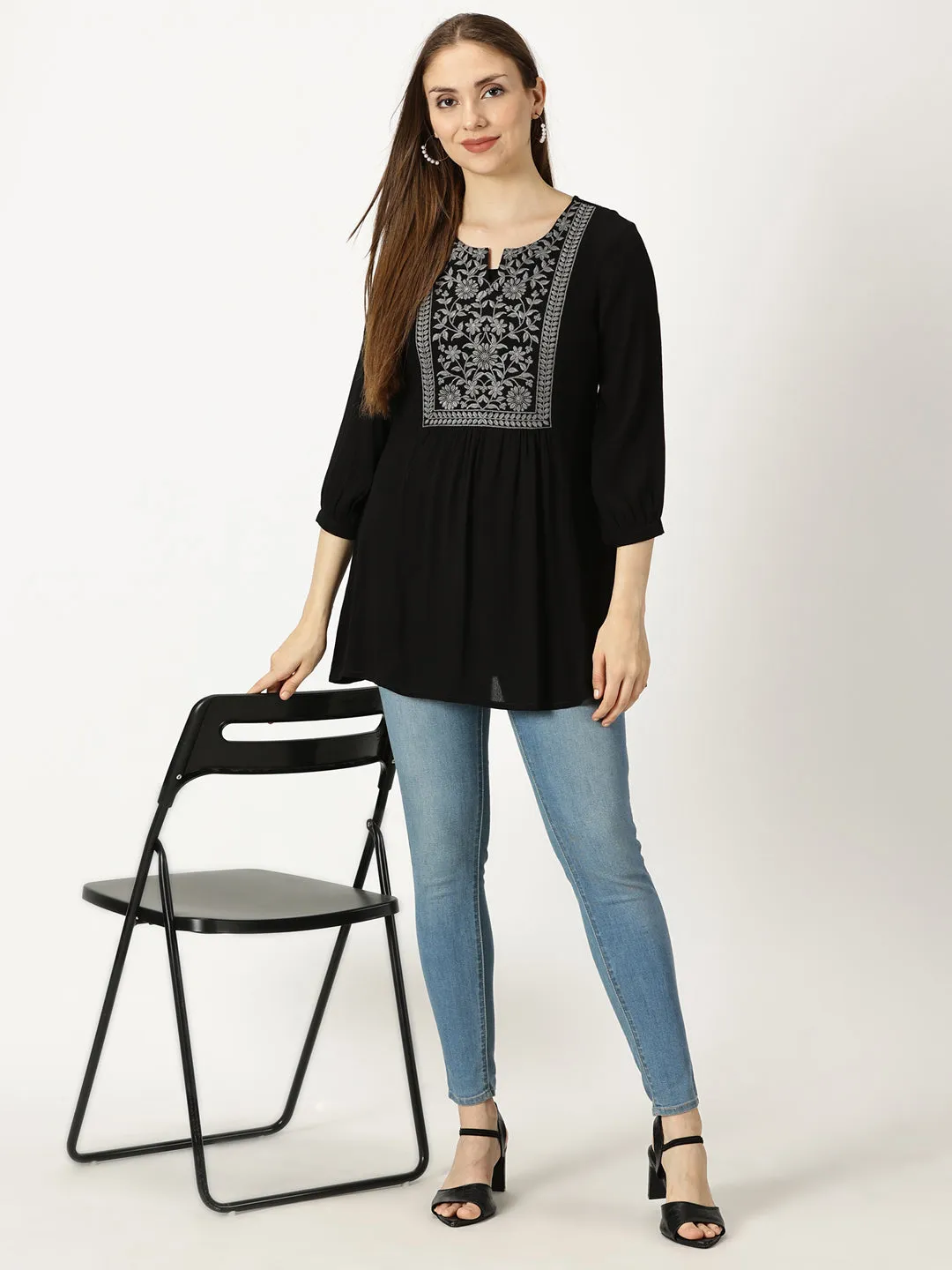 Black Floral Print Cotton Tunic with Lucknowi Chikankari Yoke