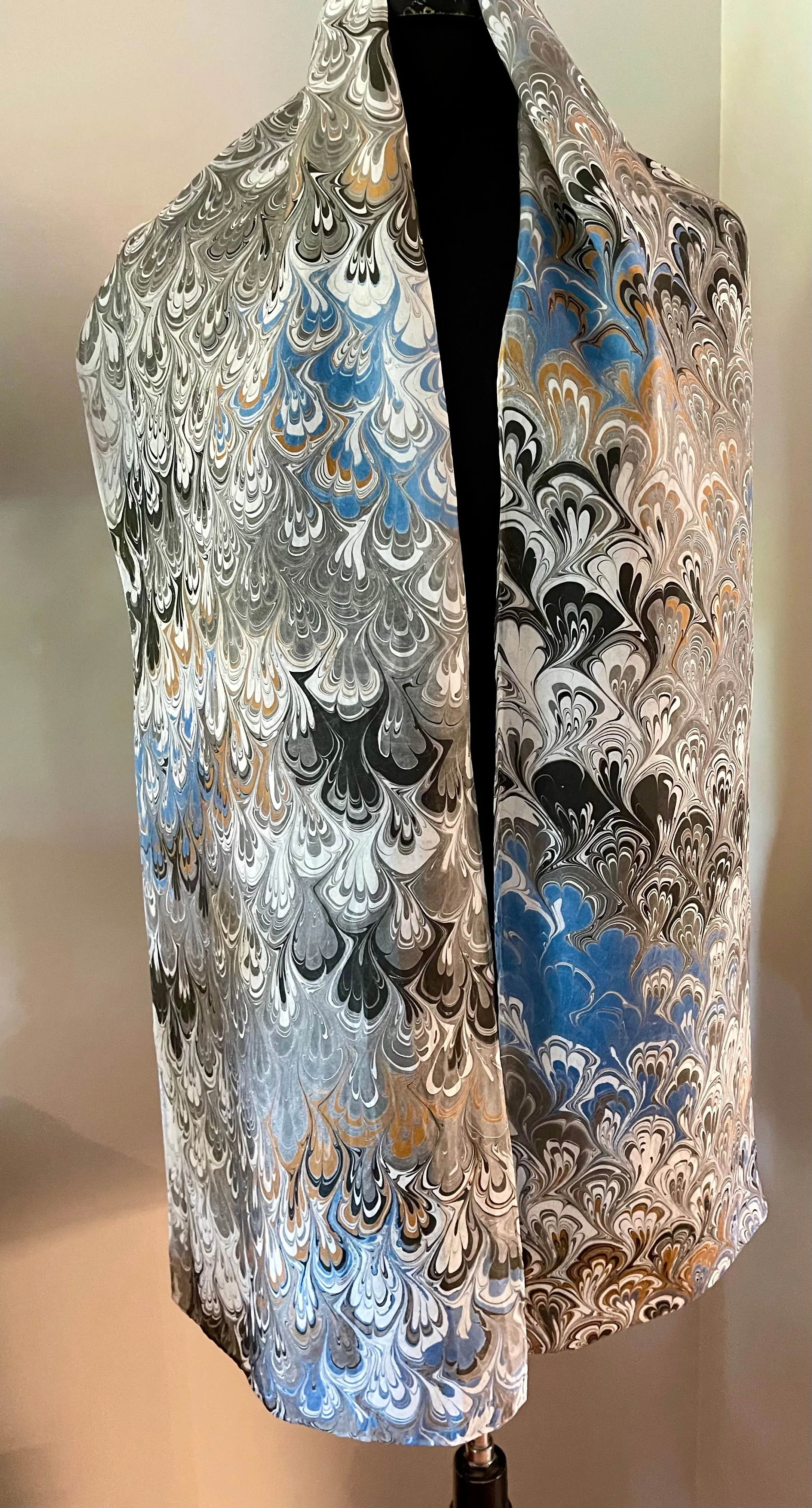 Black gray white bouquet water marbled 8mm Habotai silk.  Hang on the wall, use as a table runner or wear this unique piece .