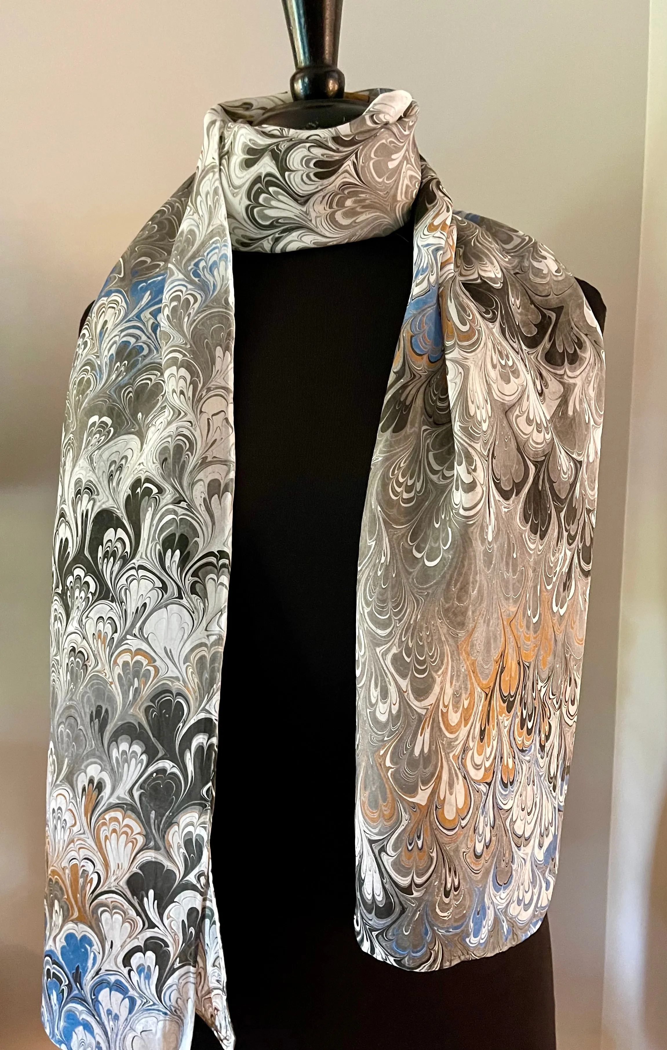 Black gray white bouquet water marbled 8mm Habotai silk.  Hang on the wall, use as a table runner or wear this unique piece .