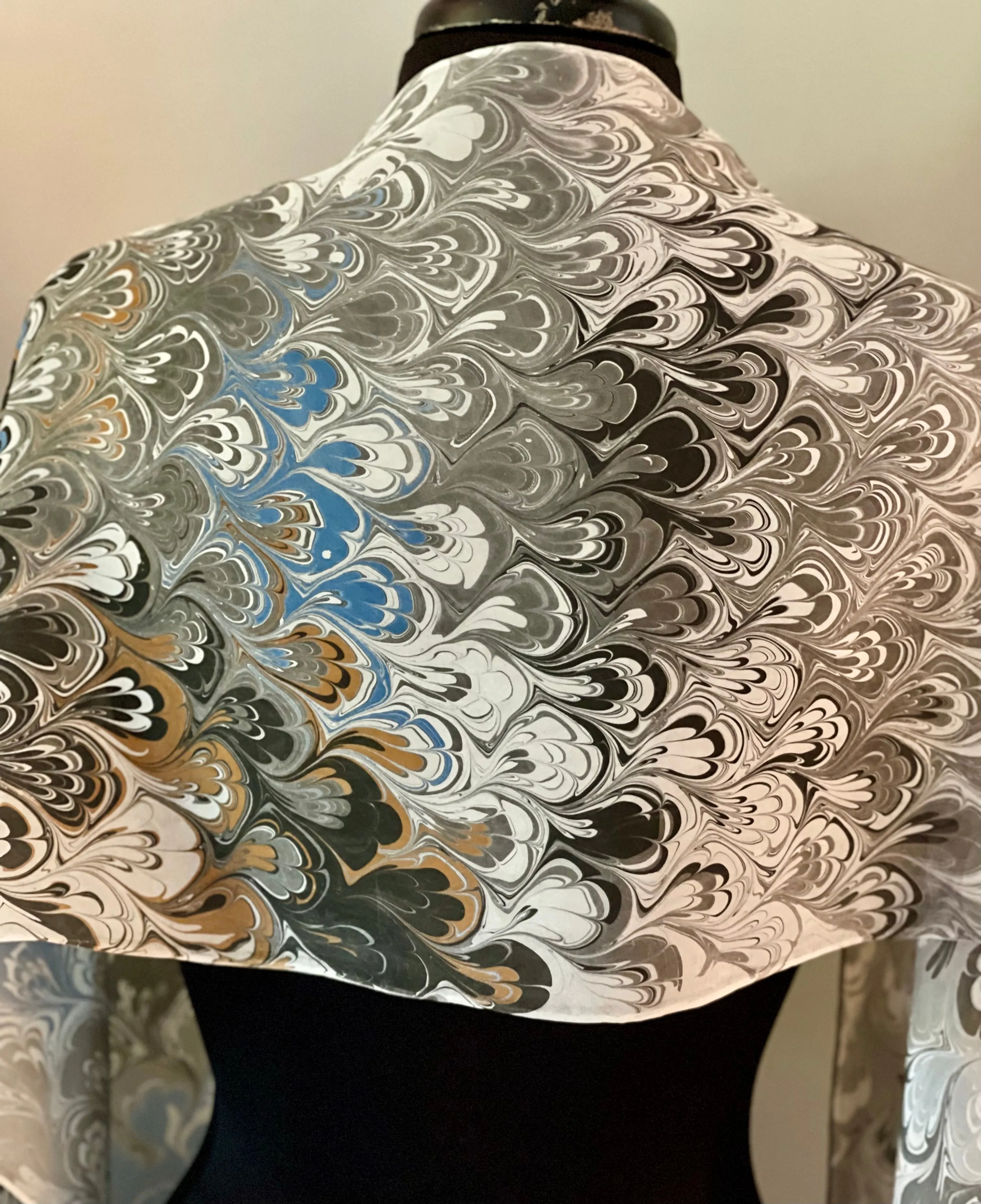 Black gray white bouquet water marbled 8mm Habotai silk.  Hang on the wall, use as a table runner or wear this unique piece .