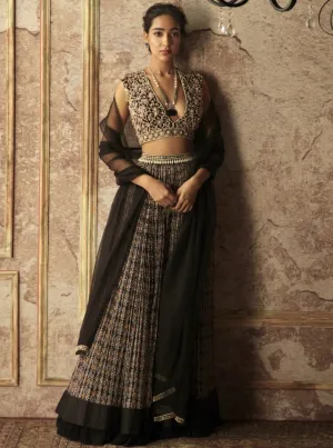 Black Ikat Print Lehenga Set