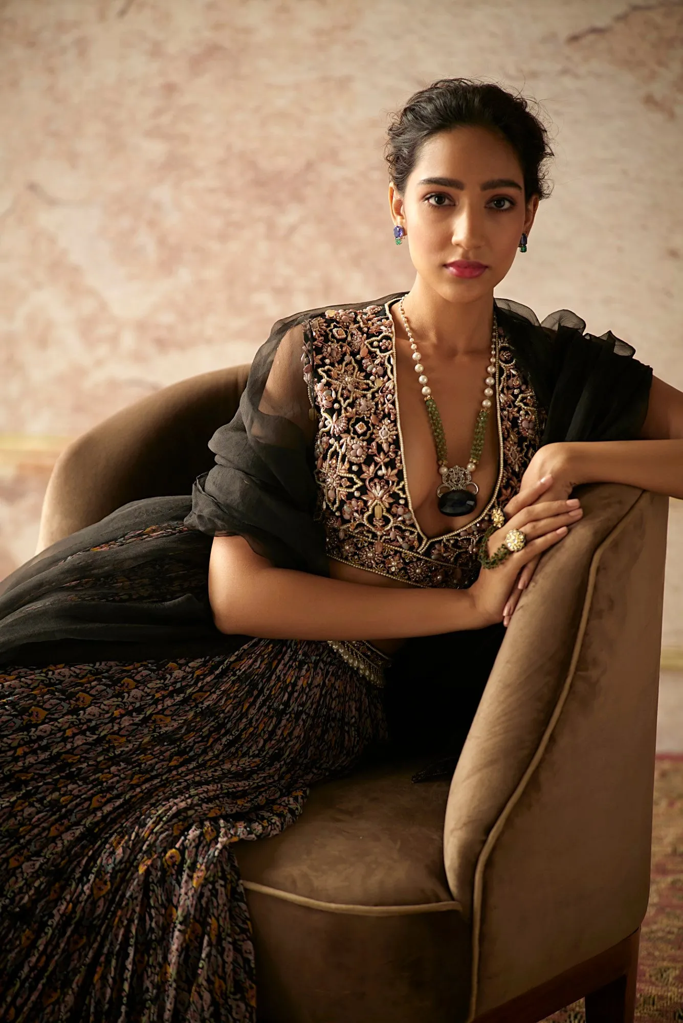 Black Ikat Print Lehenga Set