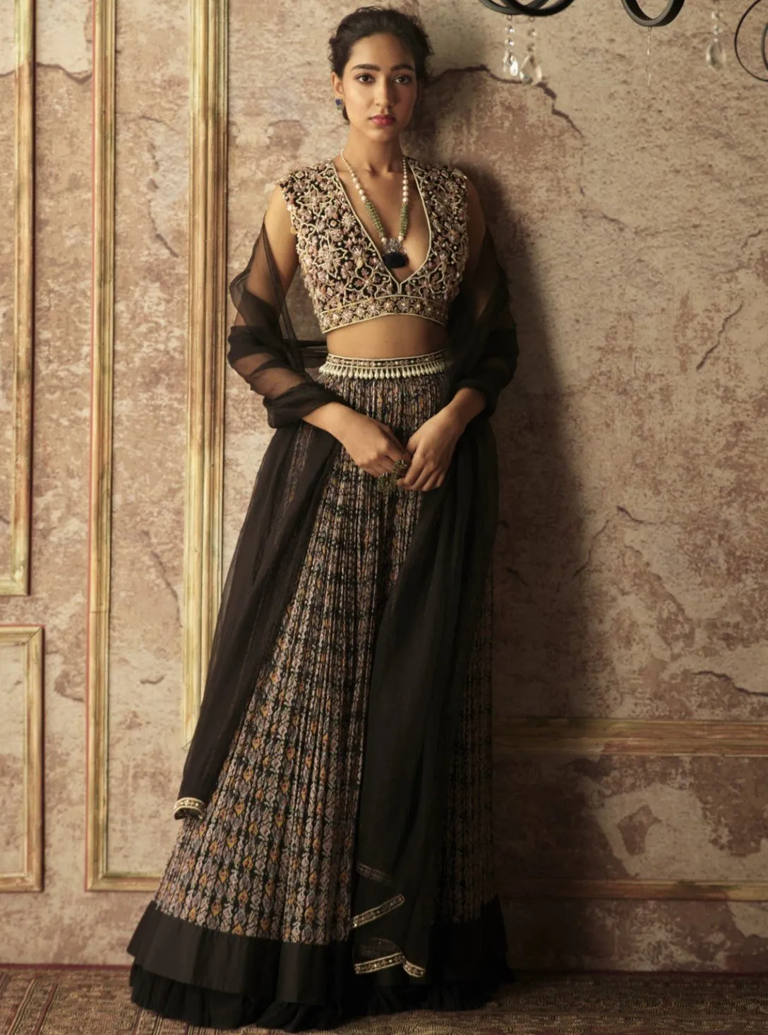 Black Ikat Print Lehenga Set