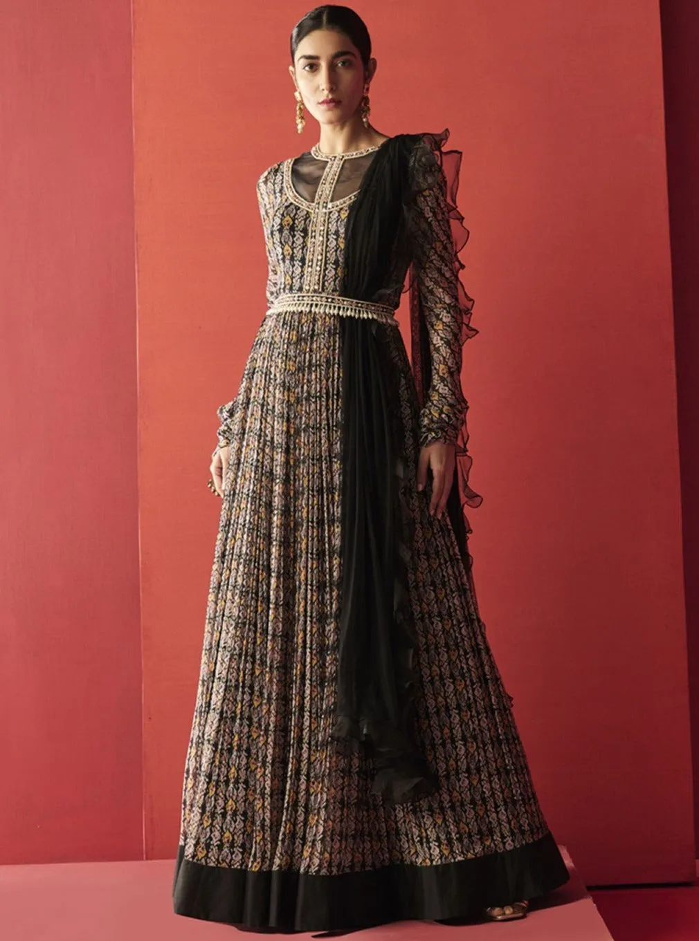 Black Ikat Printed Anarkali Set