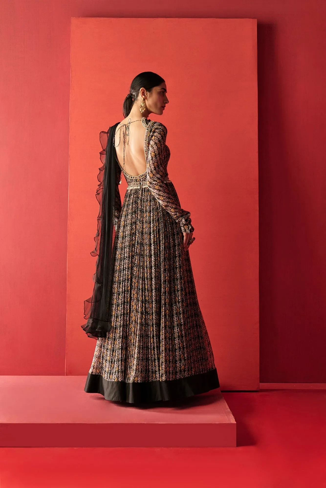 Black Ikat Printed Anarkali Set