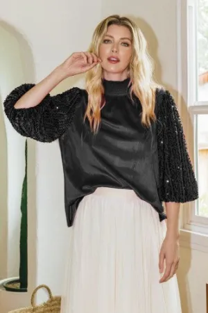 Black Sequin Balloon Sleeve Mock Neck Top