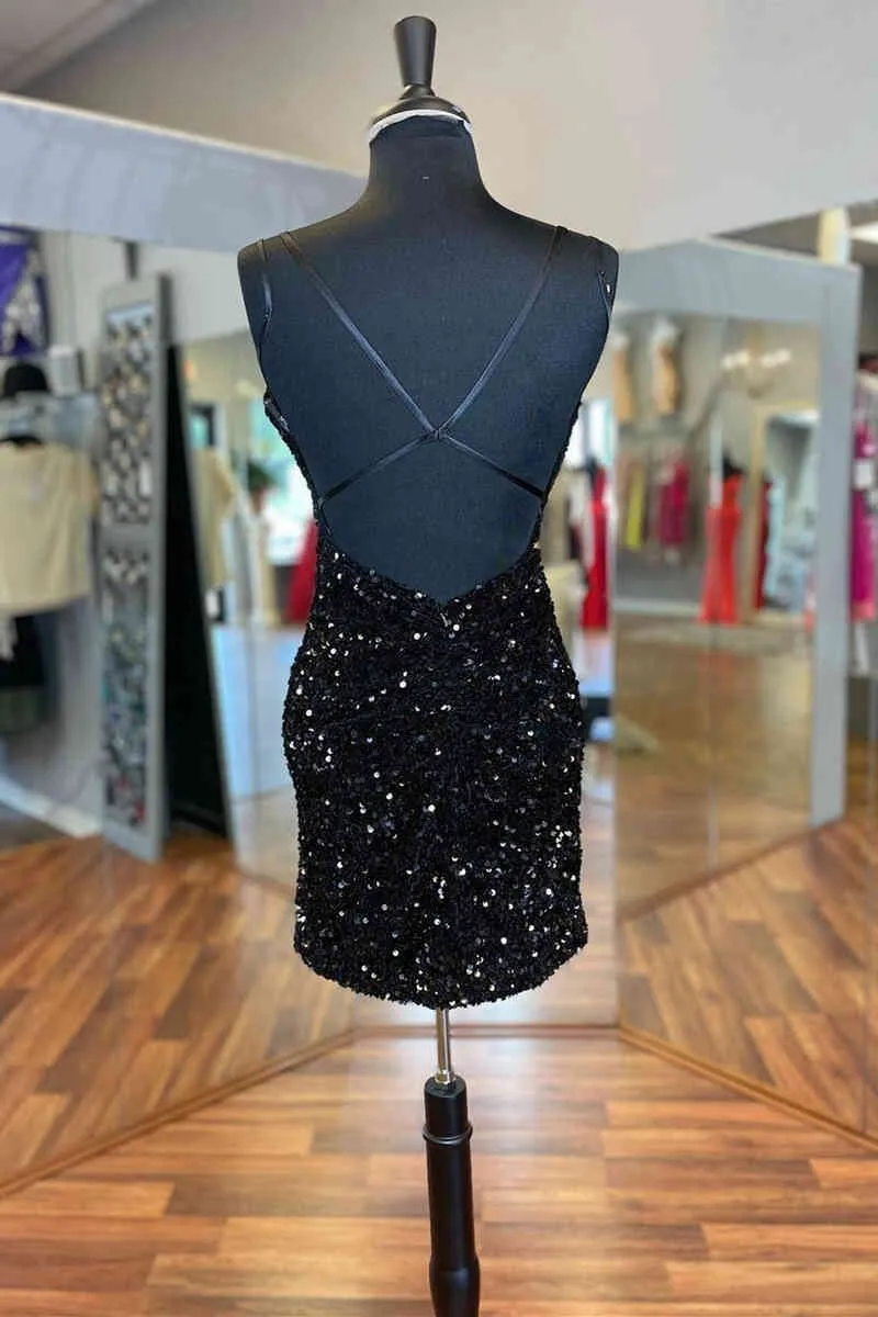 Black Sequin Homecoming Dress Mermaid Tight Short Night Party Dress