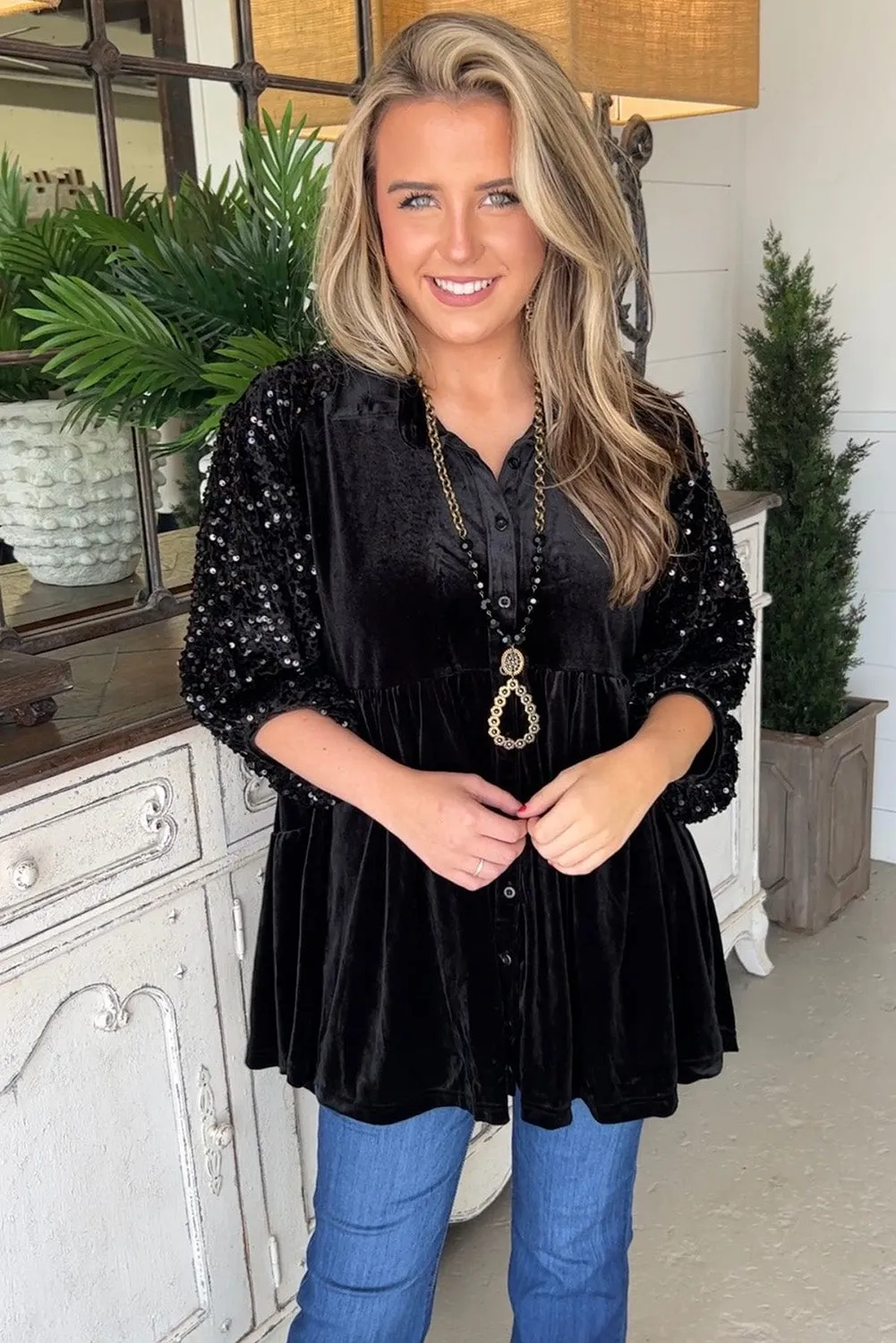 Black Sequin Puff Sleeve Buttoned Velvet Babydoll Blouse