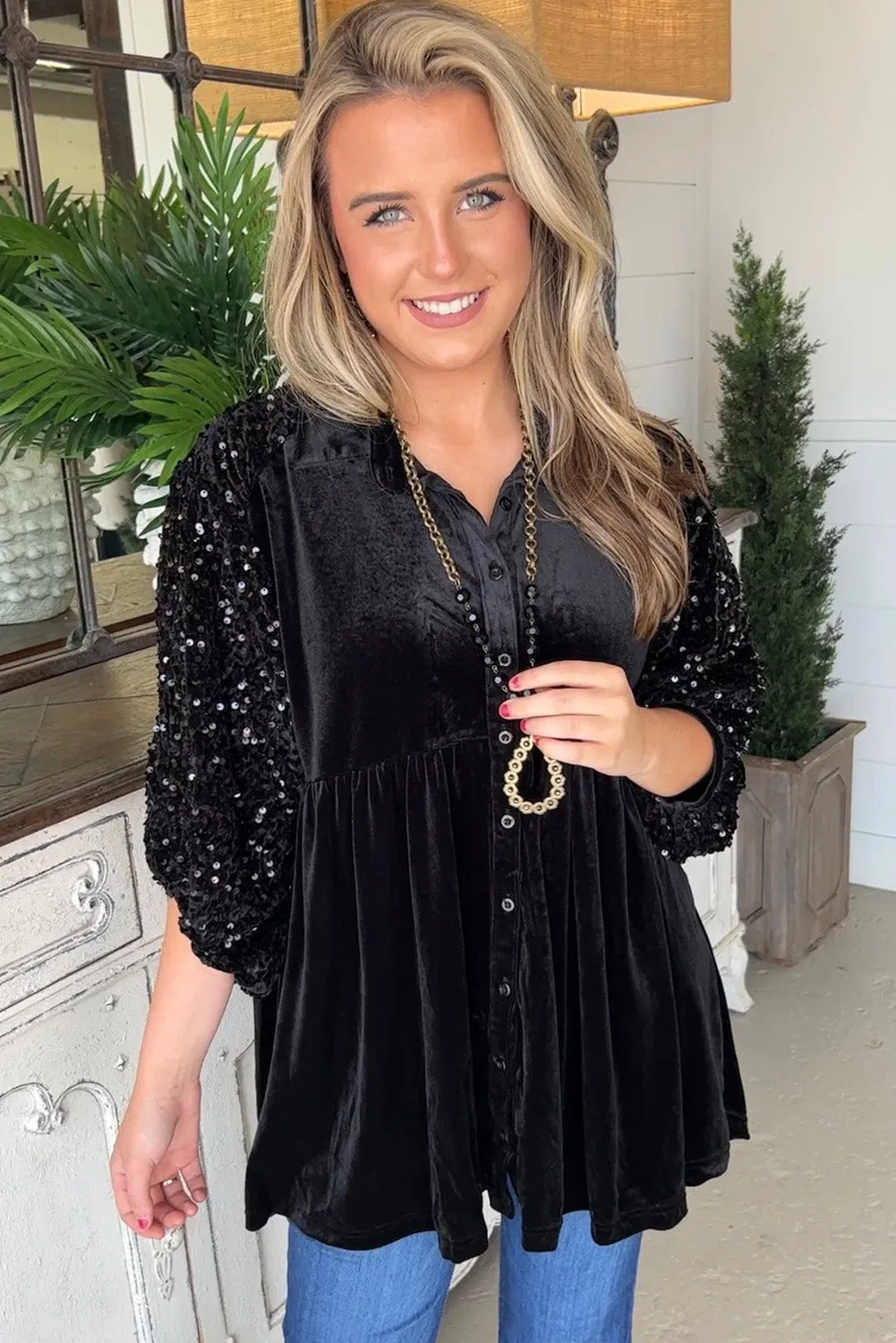 Black Sequin Puff Sleeve Buttoned Velvet Babydoll Blouse