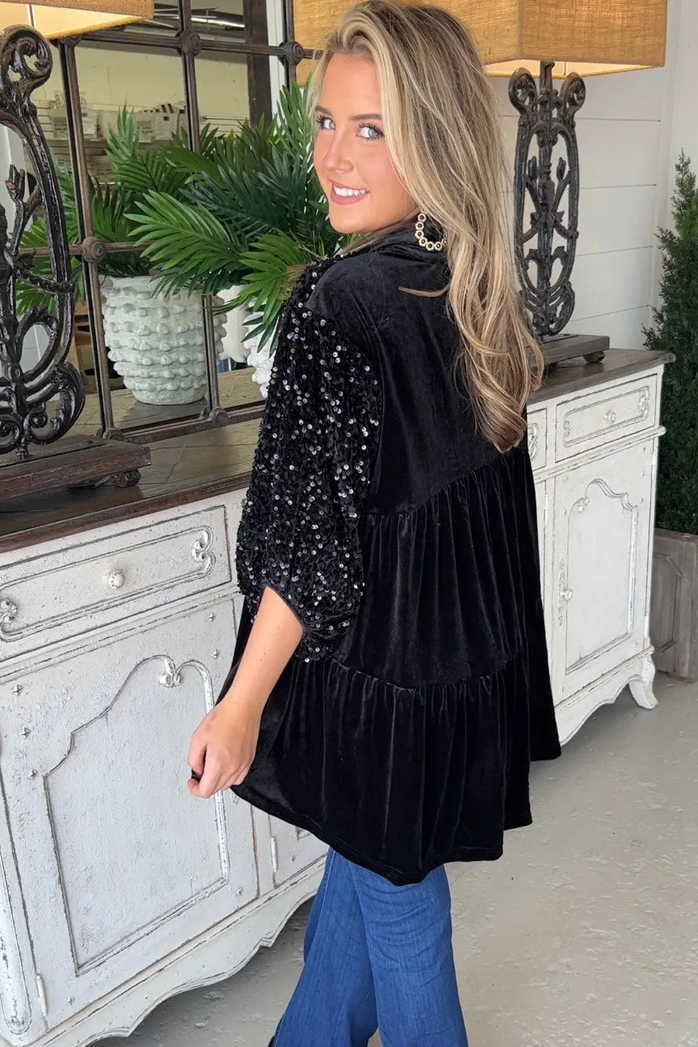 Black Sequin Puff Sleeve Buttoned Velvet Babydoll Blouse