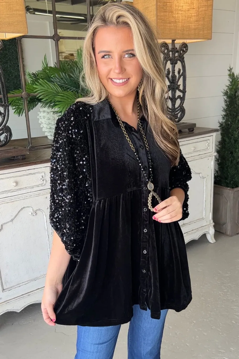 Black Sequin Puff Sleeve Buttoned Velvet Babydoll Blouse