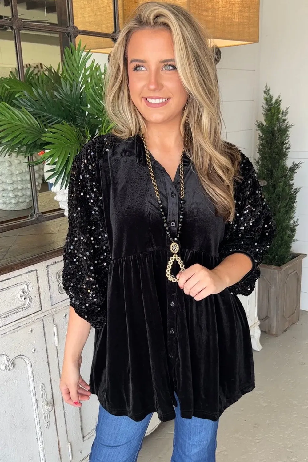 Black Sequin Puff Sleeve Buttoned Velvet Babydoll Blouse
