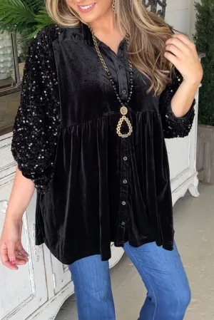 Black Sequin Puff Sleeve Buttoned Velvet Babydoll Blouse
