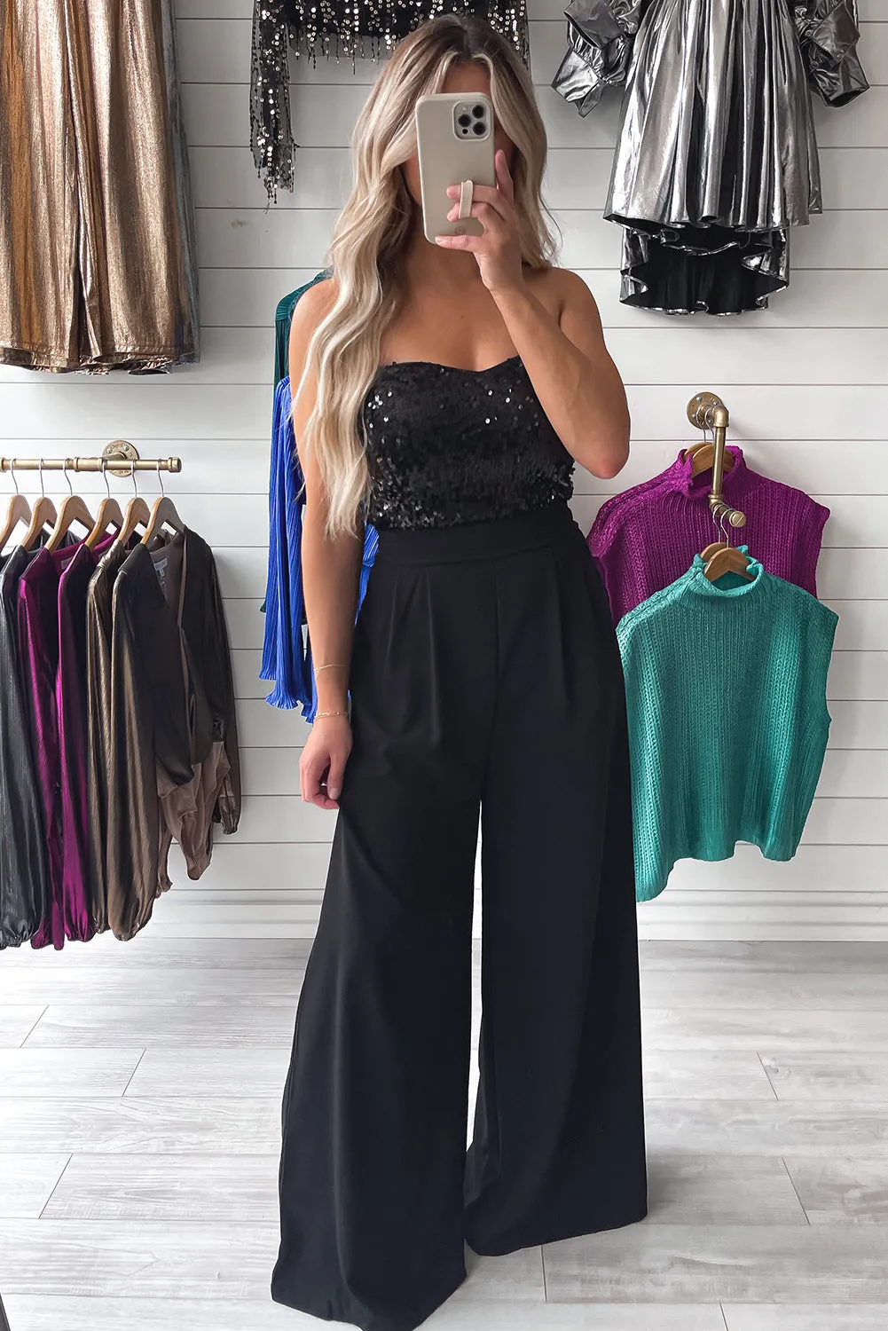 Black Sequin Tube Top Wide Leg Jumpsuit