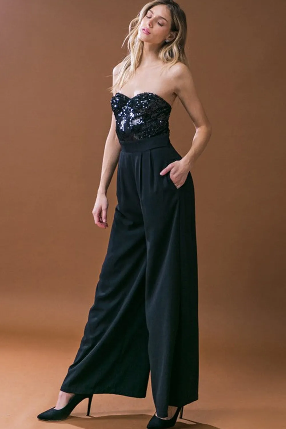 Black Sequin Tube Top Wide Leg Jumpsuit
