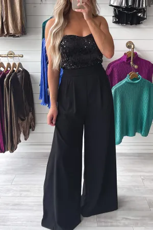 Black Sequin Tube Top Wide Leg Jumpsuit