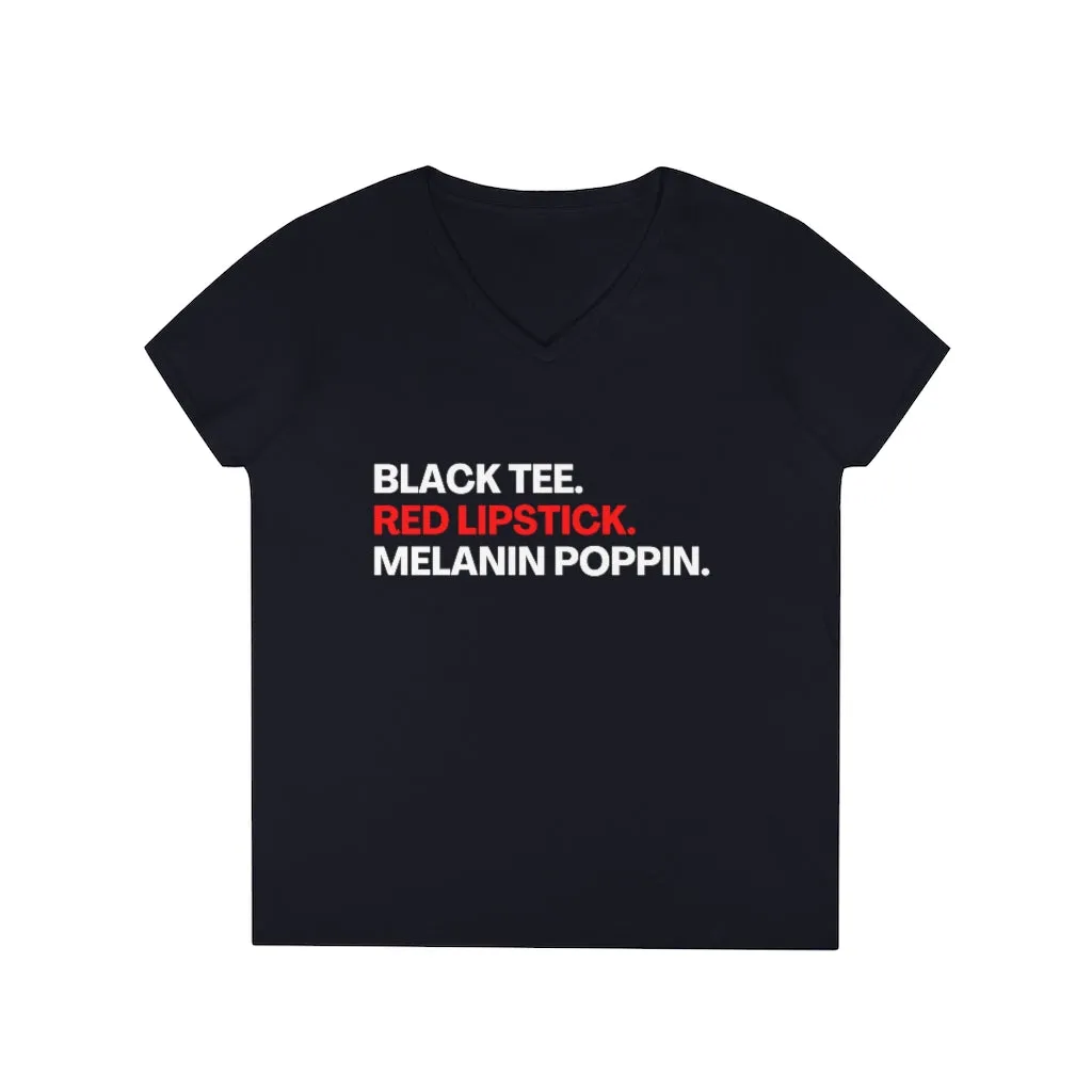 Black Tee Red Lipstick Poppin | V-Neck Tee