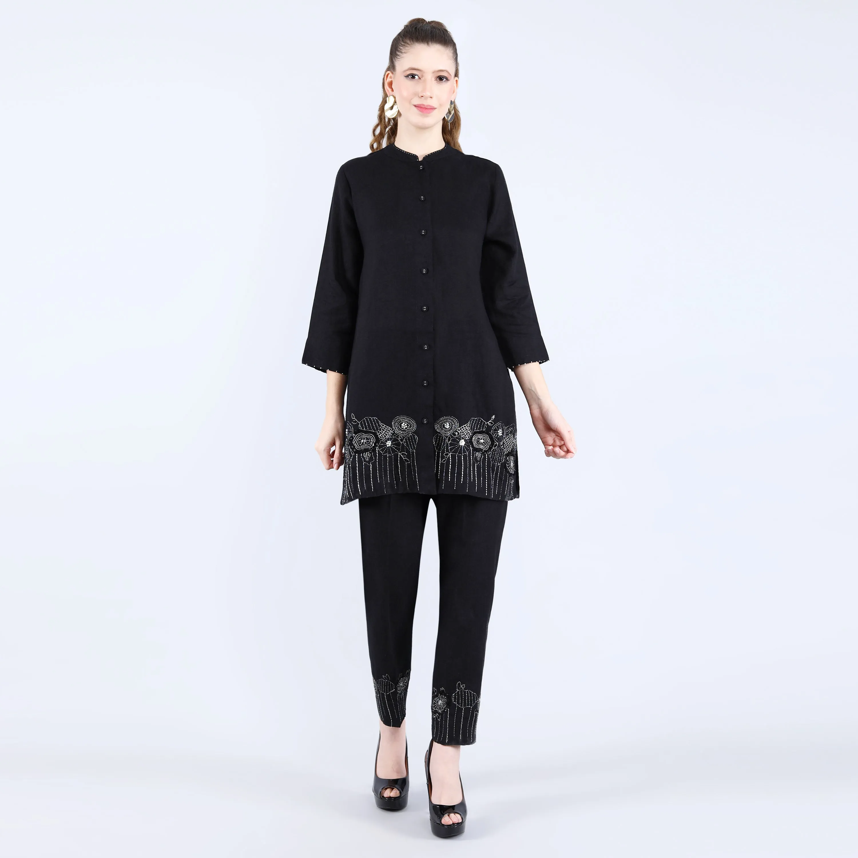 Black Tunic Set with Tublight Embroidery Work