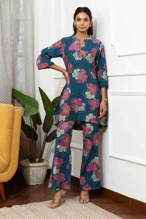 Blue Color Floral Printed Chanderi Premium Co-ord Set