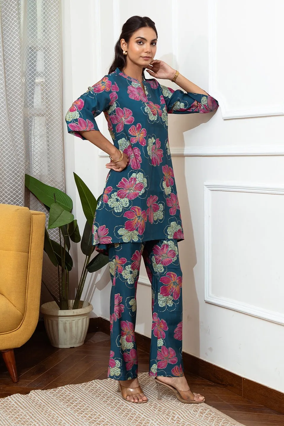Blue Color Floral Printed Chanderi Premium Co-ord Set
