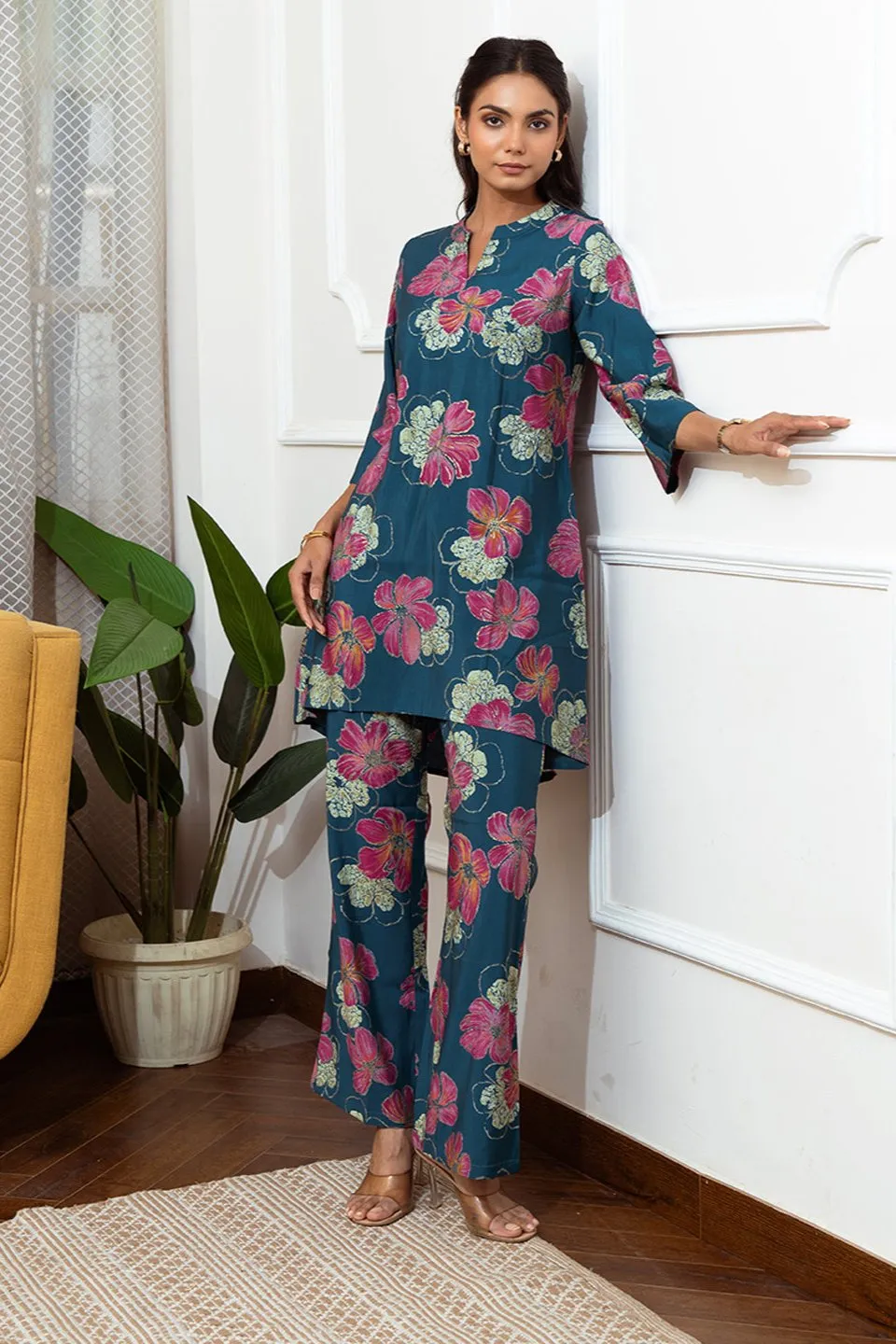 Blue Color Floral Printed Chanderi Premium Co-ord Set