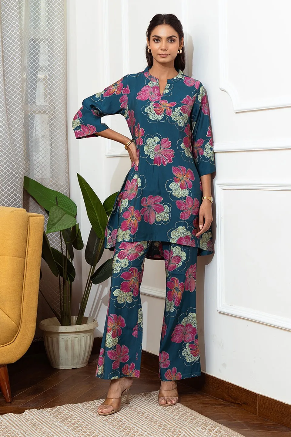 Blue Color Floral Printed Chanderi Premium Co-ord Set