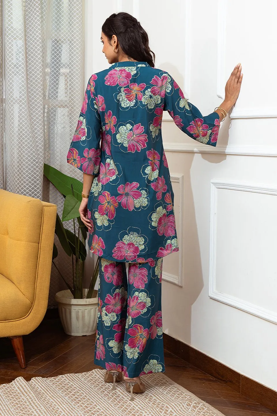 Blue Color Floral Printed Chanderi Premium Co-ord Set