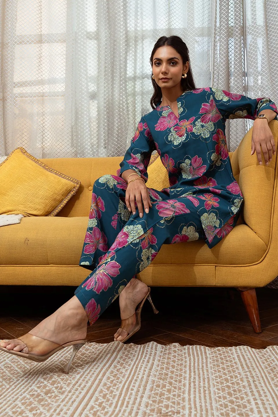Blue Color Floral Printed Chanderi Premium Co-ord Set