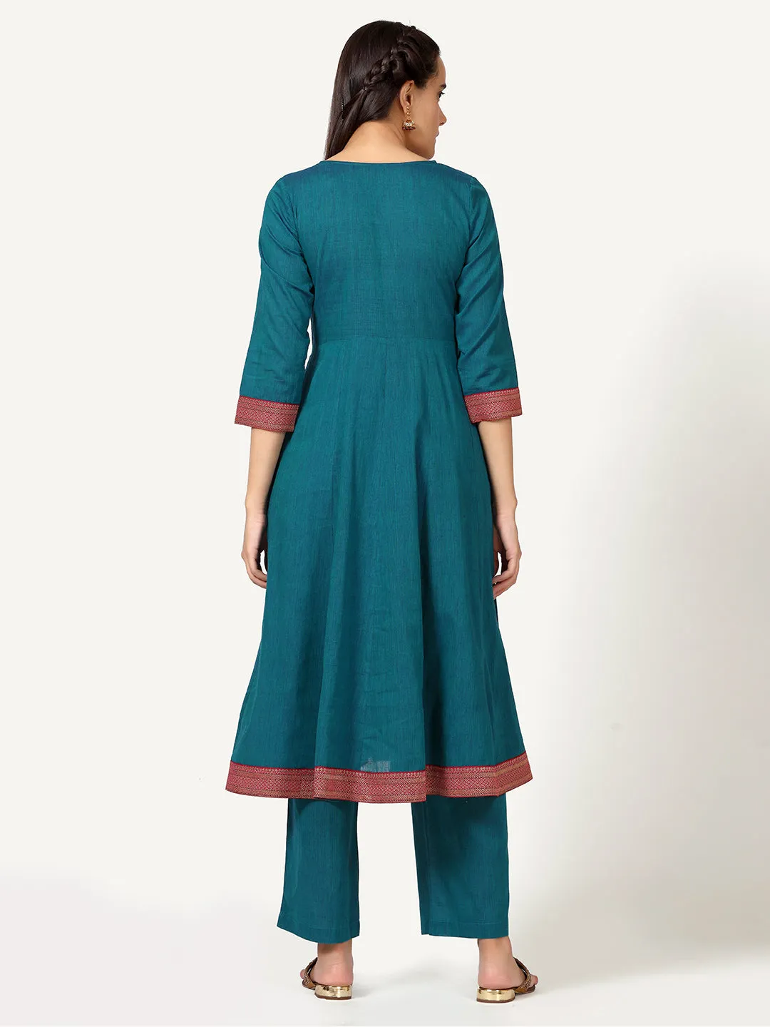 Blue Cotton Embroidered Kurta Set with Brocade Lace and Neck Embroidery