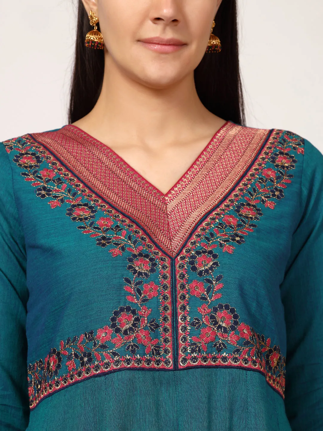 Blue Cotton Embroidered Kurta Set with Brocade Lace and Neck Embroidery