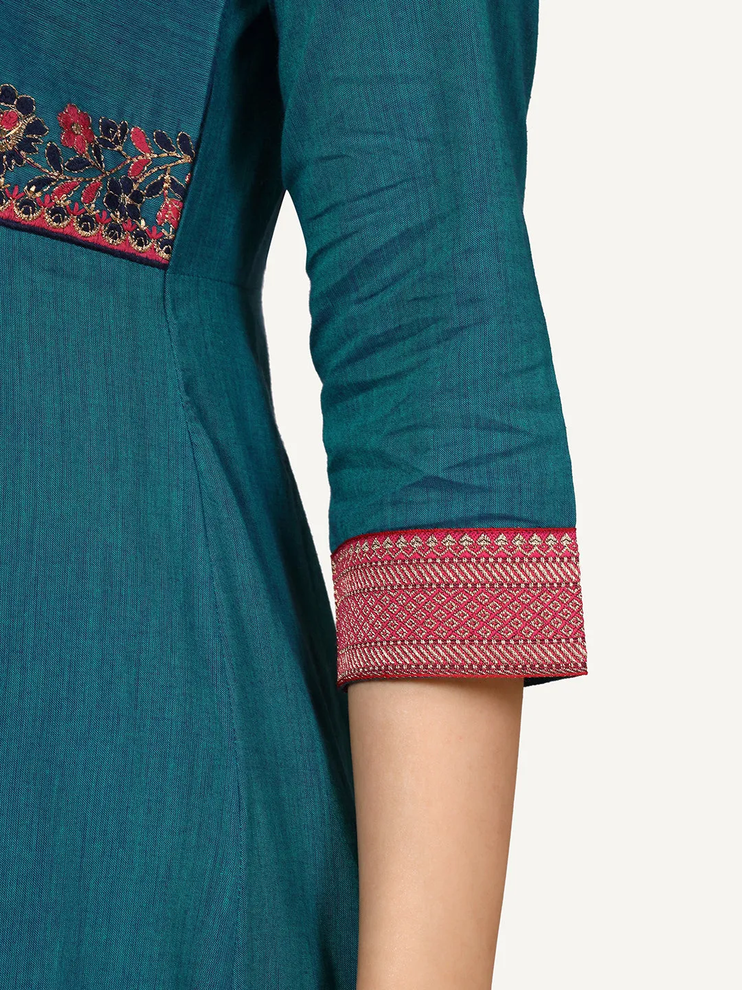Blue Cotton Embroidered Kurta Set with Brocade Lace and Neck Embroidery
