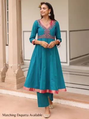 Blue Cotton Embroidered Kurta Set with Brocade Lace and Neck Embroidery